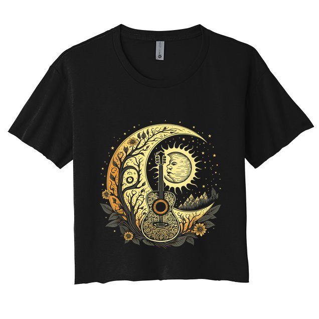 Cottagecore Acoustic Guitar With Moon, Sun And Stars Crop Top