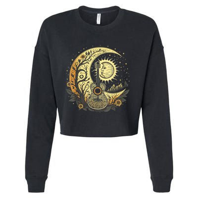 Cottagecore Acoustic Guitar With Moon, Sun And Stars Cropped Pullover Crew
