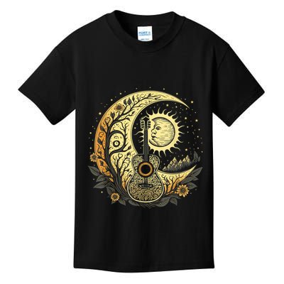 Cottagecore Acoustic Guitar With Moon, Sun And Stars Kids T-Shirt