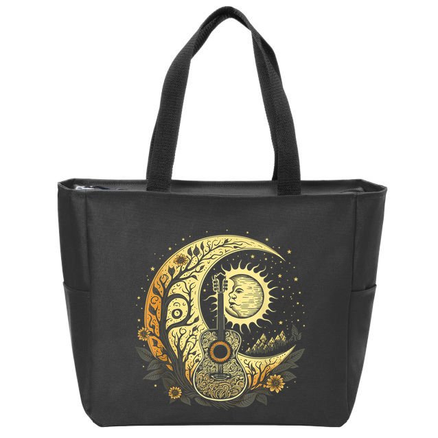 Cottagecore Acoustic Guitar With Moon, Sun And Stars Zip Tote Bag