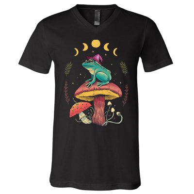 Cottagecore Aesthetic Goblincore Frog Wizard On Mushroom V-Neck T-Shirt