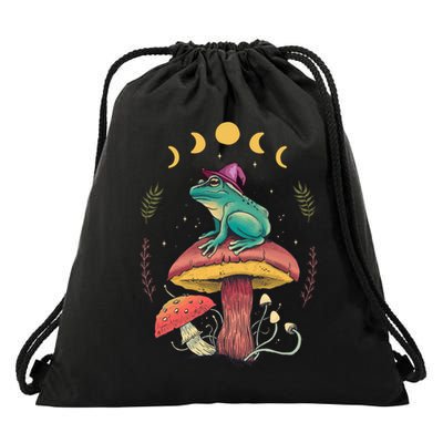 Cottagecore Aesthetic Goblincore Frog Wizard On Mushroom Drawstring Bag