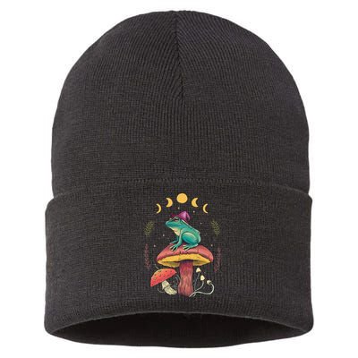 Cottagecore Aesthetic Goblincore Frog Wizard On Mushroom Sustainable Knit Beanie