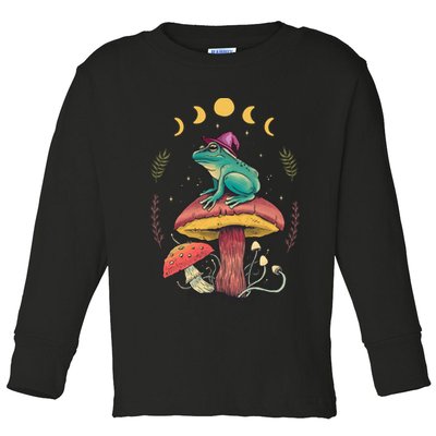 Cottagecore Aesthetic Goblincore Frog Wizard On Mushroom Toddler Long Sleeve Shirt