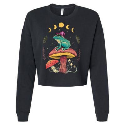 Cottagecore Aesthetic Goblincore Frog Wizard On Mushroom Cropped Pullover Crew