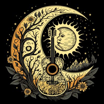 Cottagecore Acoustic Guitar With Moon, Sun And Stars T-Shirt