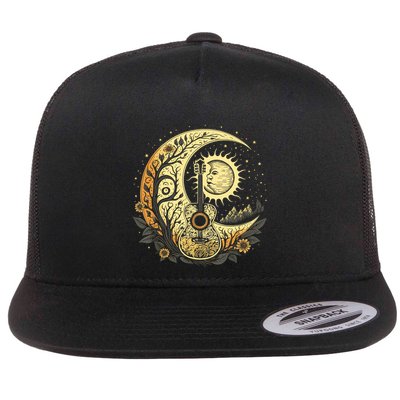 Cottagecore Acoustic Guitar With Moon, Sun And Stars Flatbill Hat