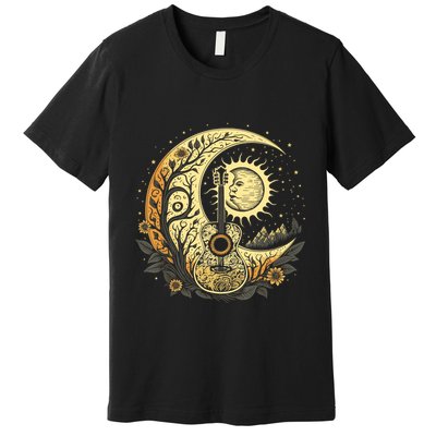 Cottagecore Acoustic Guitar With Moon, Sun And Stars Premium T-Shirt