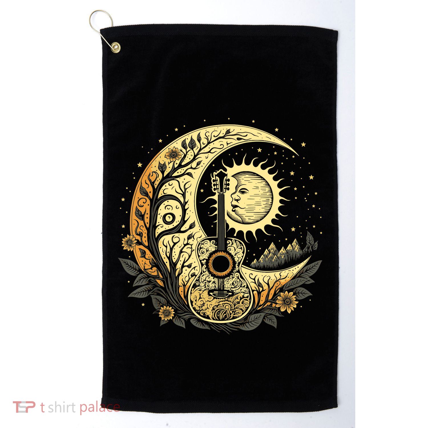 Cottagecore Acoustic Guitar With Moon, Sun And Stars Golf Towel