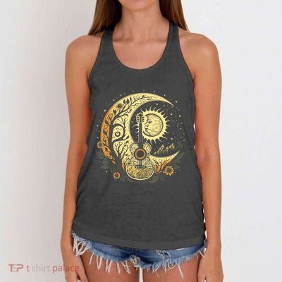 Cottagecore Acoustic Guitar With Moon, Sun And Stars Women's Knotted Racerback Tank