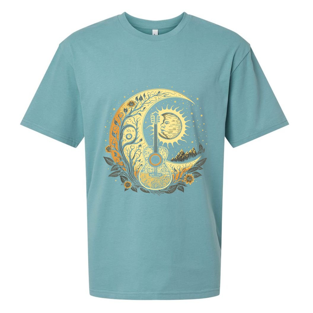 Cottagecore Acoustic Guitar With Moon, Sun And Stars Sueded Cloud Jersey T-Shirt