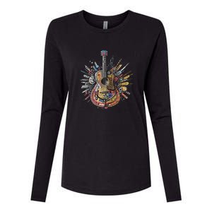 Colorful Acoustic Guitar Music Retro Casual Art Guitarist Gift Womens Cotton Relaxed Long Sleeve T-Shirt