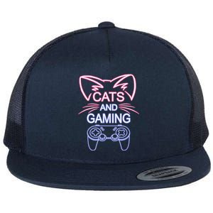 Cats And Gaming Funny Cat Lover Gaming Gift Gamer Flat Bill Trucker Hat