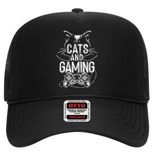 Cats And Gaming Funny For Gamer, Cat Lover, Cat Mom, Cat Dad High Crown Mesh Back Trucker Hat