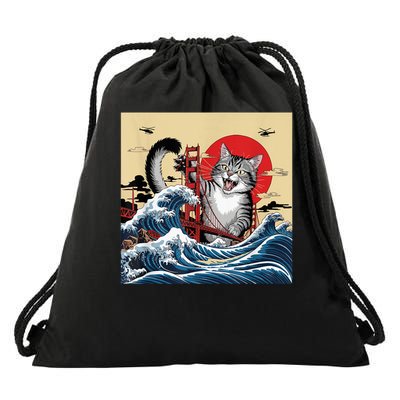 Catzilla Attacking Golden Gate Bridge Cat Design Drawstring Bag