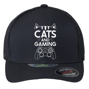 Cats And Gaming Funny Cat Lover Gaming Gift Gamer Flexfit Unipanel Trucker Cap