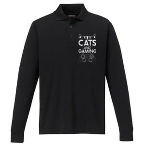 Cats And Gaming Funny Cat Lover Gaming Gift Gamer Performance Long Sleeve Polo