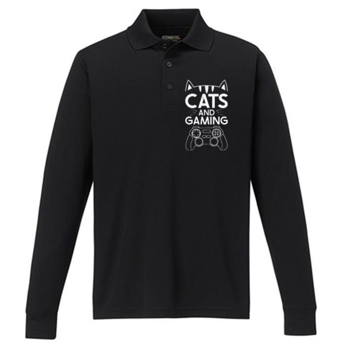 Cats And Gaming Funny Cat Lover Gaming Gift Gamer Performance Long Sleeve Polo