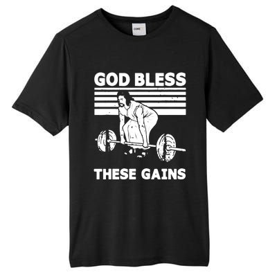 Christian Athlete Gym God Bless These Gains Jesus Deadlift Tall Fusion ChromaSoft Performance T-Shirt