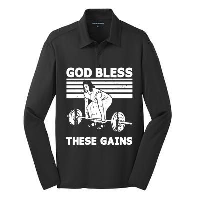 Christian Athlete Gym God Bless These Gains Jesus Deadlift Silk Touch Performance Long Sleeve Polo