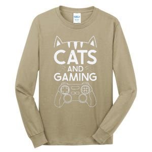 Cats And Gaming Funny Cat Lover Gaming Gift Gamer Tall Long Sleeve T-Shirt