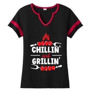 Chillin' And Grillin' Bbq Grillmaster Barbecue Gift Ladies Halftime Notch Neck Tee