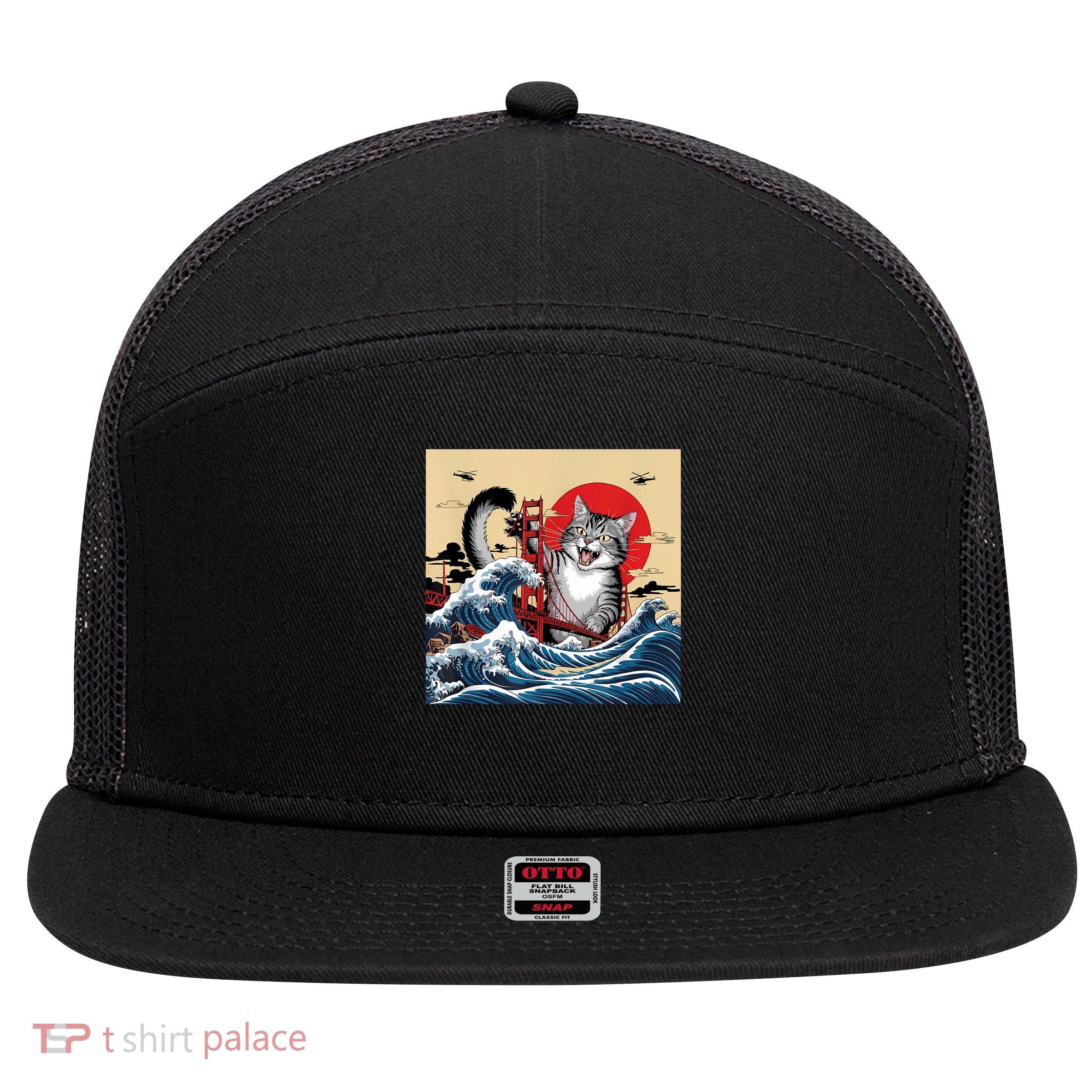 Catzilla Attacking Golden Gate Bridge Funny Cat Design 7 Panel Mesh Trucker Snapback Hat