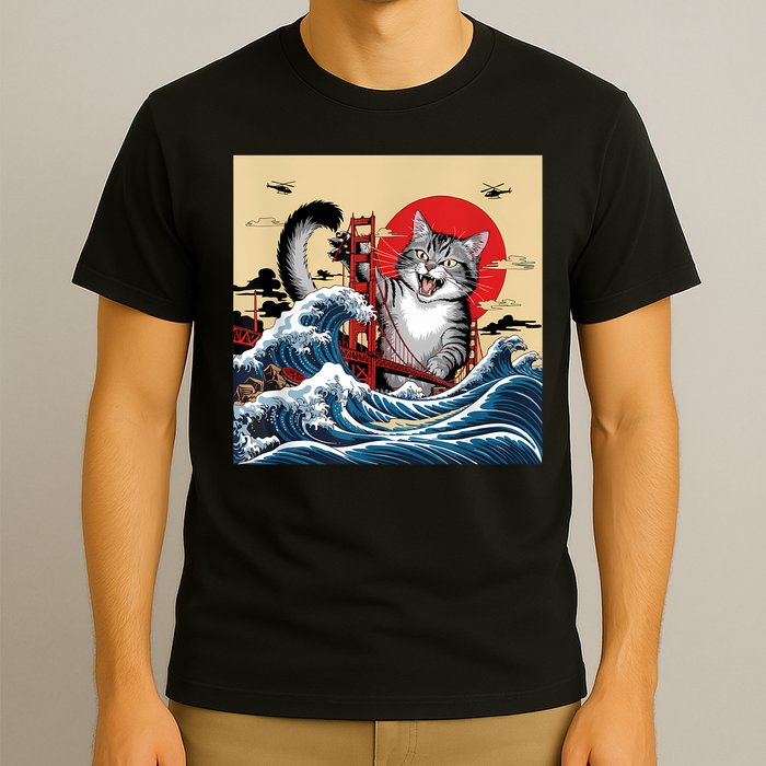 Catzilla Attacking Golden Gate Bridge Funny Cat Design T-Shirt