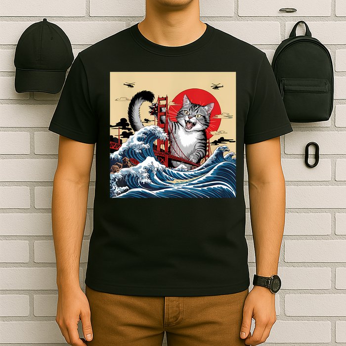 Catzilla Attacking Golden Gate Bridge Funny Cat Design T-Shirt
