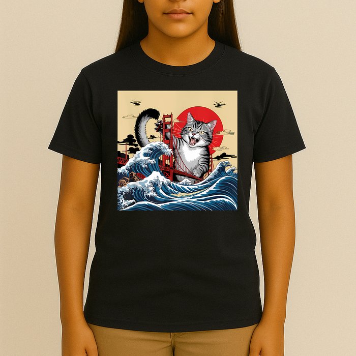 Catzilla Attacking Golden Gate Bridge Funny Cat Design T-Shirt