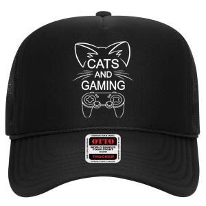 Cats And Gaming Funny Cat Lover Gaming Gift Gamer High Crown Mesh Back Trucker Hat