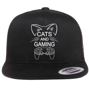 Cats And Gaming Funny Cat Lover Gaming Gift Gamer Flat Bill Trucker Hat