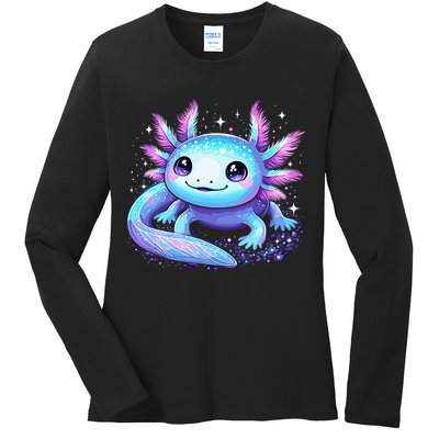 Cute Axolotl Galaxy Rainbow Colorful Axolotl Ladies Long Sleeve Shirt