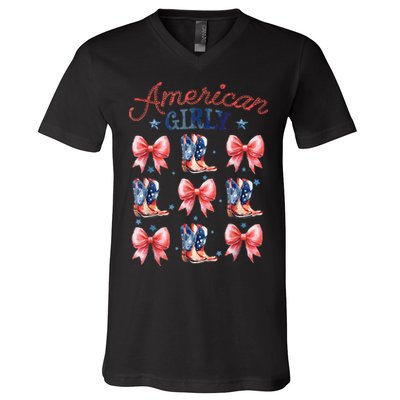 Coquette American Girly 4th Of July Western Cowgirl Boot V-Neck T-Shirt