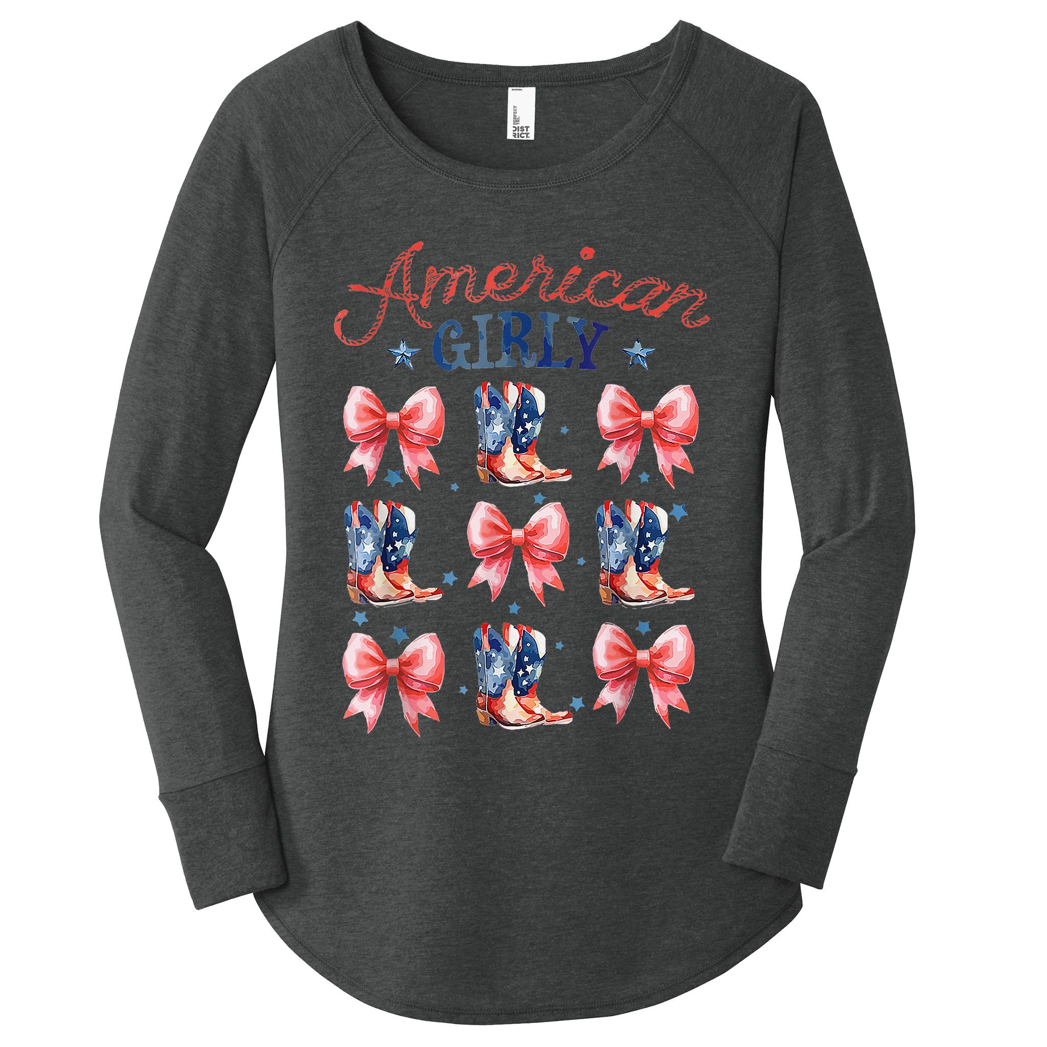 Coquette American Girly 4th Of July Western Cowgirl Boot Women's Perfect Tri Tunic Long Sleeve Shirt