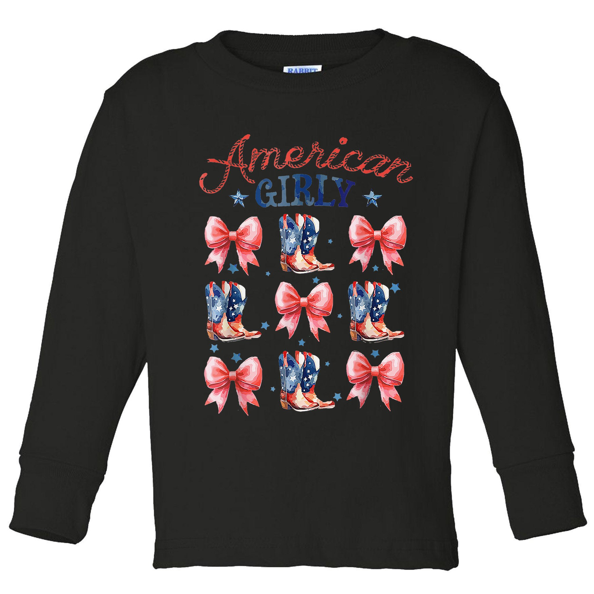 Coquette American Girly 4th Of July Western Cowgirl Boot Toddler Long Sleeve Shirt