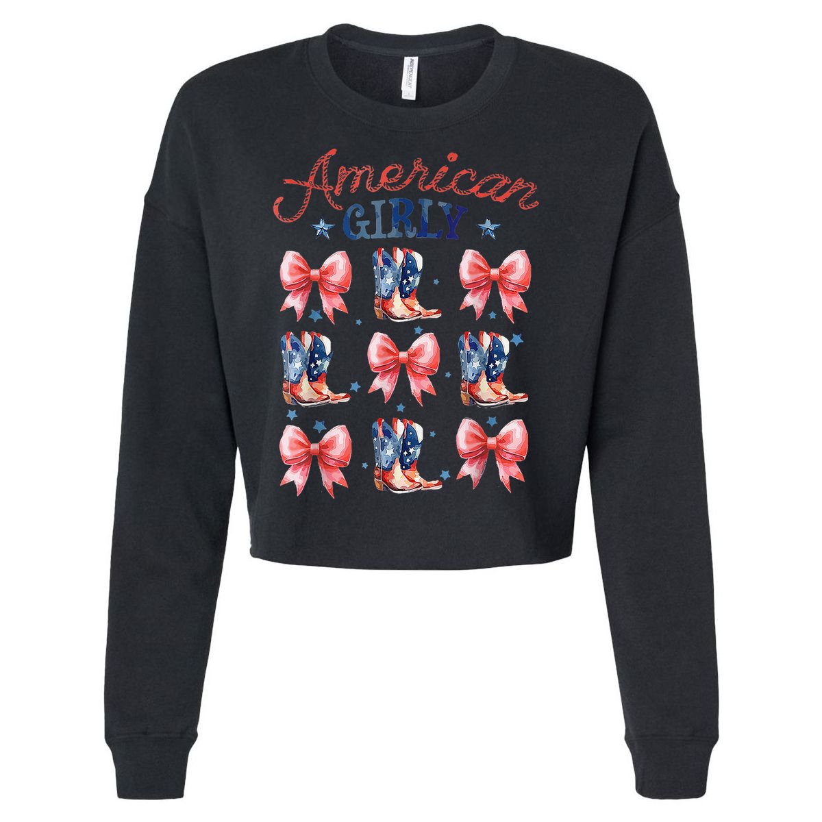 Coquette American Girly 4th Of July Western Cowgirl Boot Cropped Pullover Crew