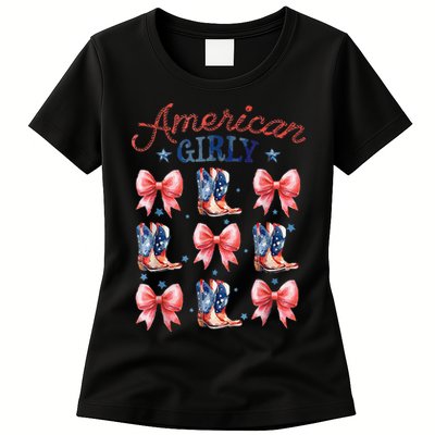 Coquette American Girly 4th Of July Western Cowgirl Boot Womens T-Shirt