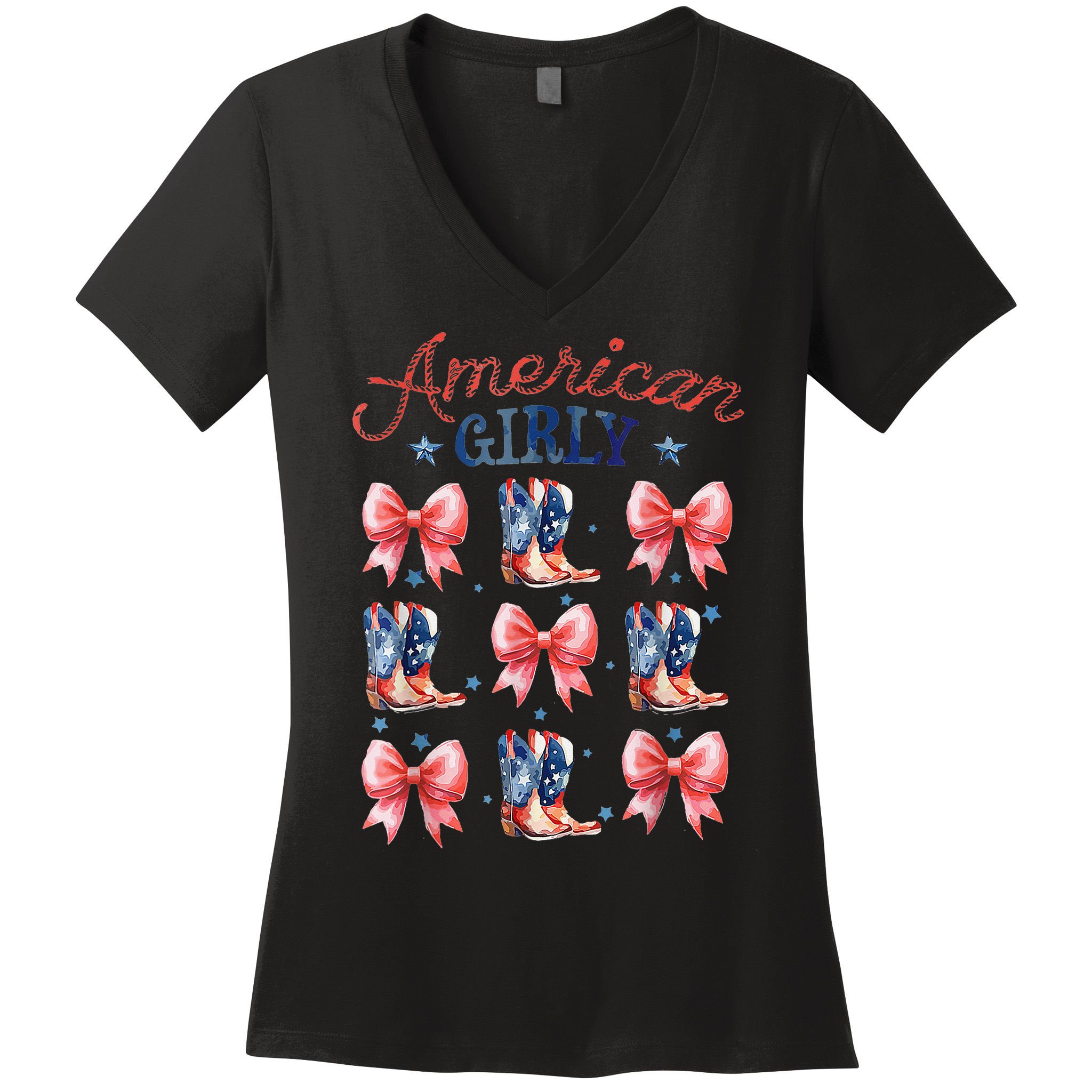 Coquette American Girly 4th Of July Western Cowgirl Boot Women's V-Neck T-Shirt