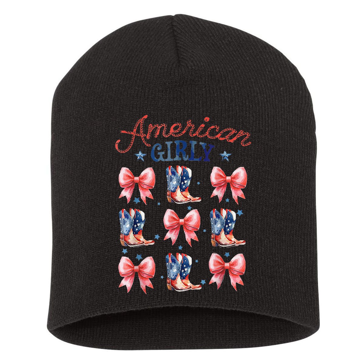 Coquette American Girly 4th Of July Western Cowgirl Boot Short Acrylic Beanie