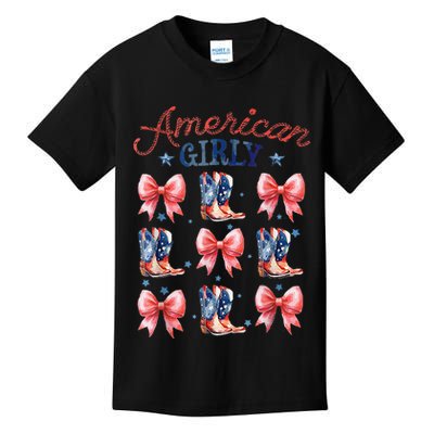 Coquette American Girly 4th Of July Western Cowgirl Boot Kids T-Shirt