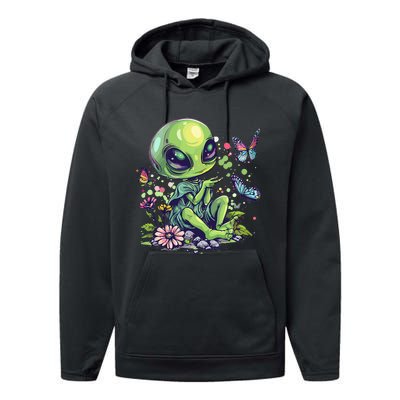 Cute Alien Girl With Flowers I Alien Performance Fleece Hoodie