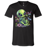 Cute Alien Girl With Flowers I Alien V-Neck T-Shirt