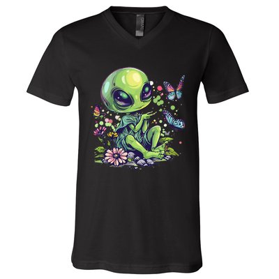 Cute Alien Girl With Flowers I Alien V-Neck T-Shirt