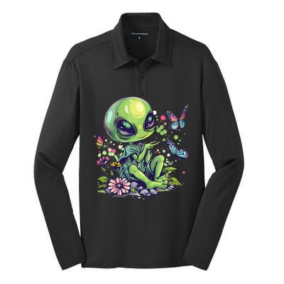 Cute Alien Girl With Flowers I Alien Silk Touch Performance Long Sleeve Polo