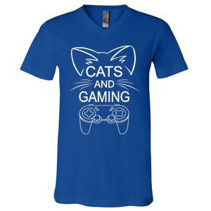 Cats And Gaming Funny Cat Lover Gaming Gift Gamer  V-Neck T-Shirt