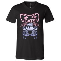 Cats And Gaming Funny Cat Lover Gaming Gift Gamer V-Neck T-Shirt