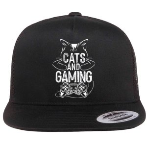 Cats And Gaming Funny For Gamer Cat Lover Cat Mom Cat Dad Flat Bill Trucker Hat