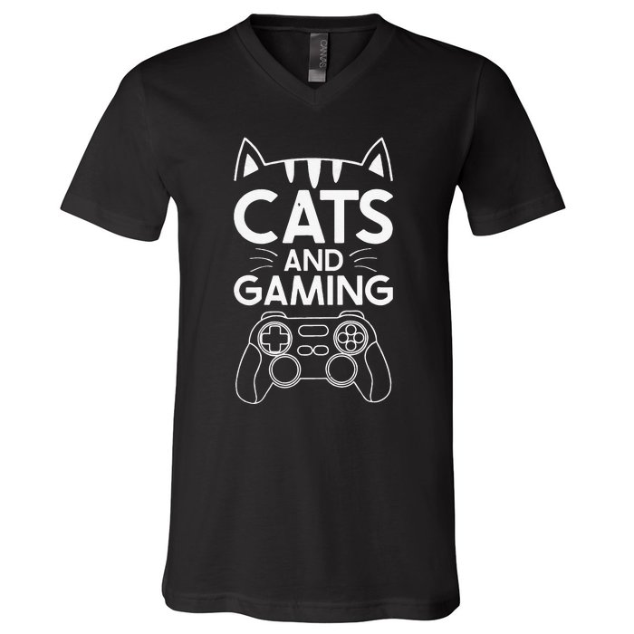 Cats And Gaming Funny Cat Lover Gaming Gift Gamer V-Neck T-Shirt