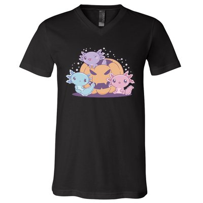 Cute Axolotl Halloween Pumpkin V-Neck T-Shirt